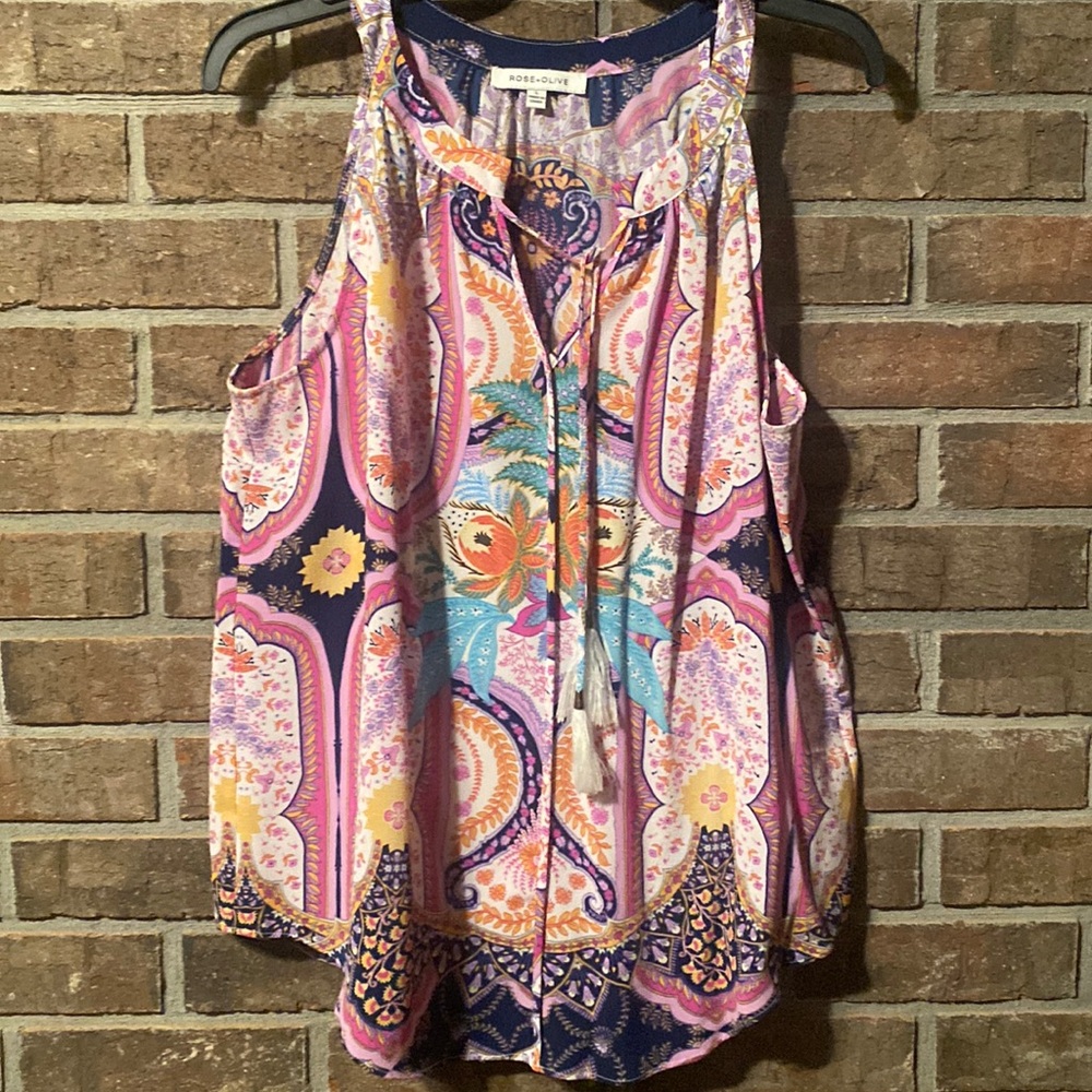 Rose & Olive Multicolor Paisley Tassel Tank Top